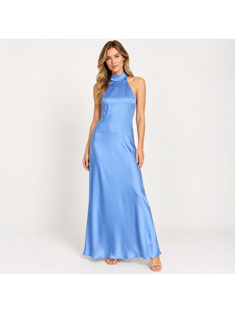 Steve Madden Blue Satin Halter Maxi Dress Tie Back Size S NWT